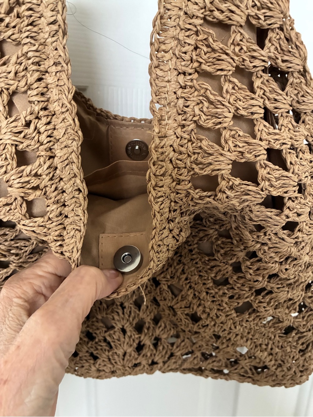 Woven Crochet Lined Hobo Bag with Bead Handle - Tan - Picture 4 of 5